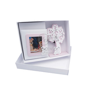 Orologio albero della vita e portafoto con orsetto (rosa)