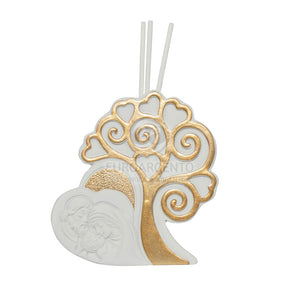 Profumatore con albero della vita e cuore simbolo sacra famiglia con sacchettino e scatola (bianco/oro)