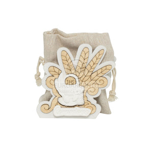 Porta confetti in legno con sacchetto con gessetto simbolo comunione