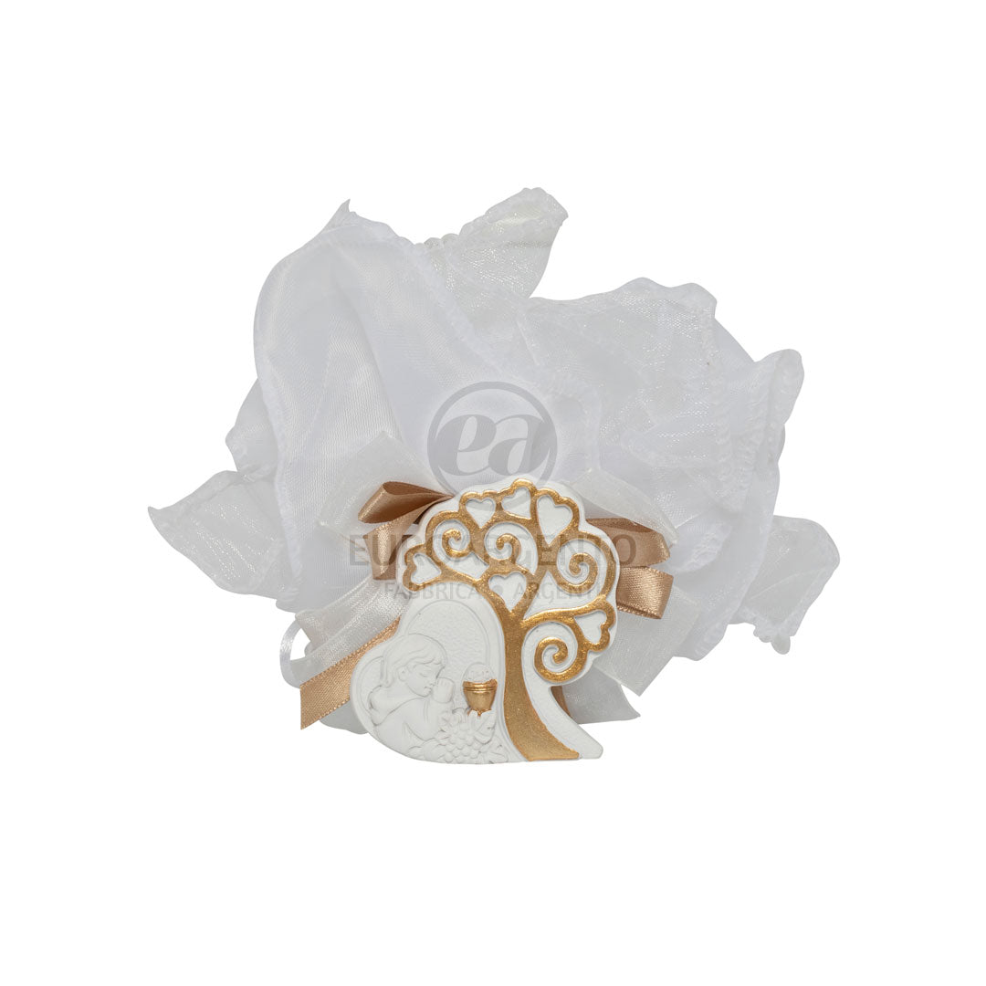 Icona con albero della vita cuore bimbo comunione con sacchettino  (bianco/oro)