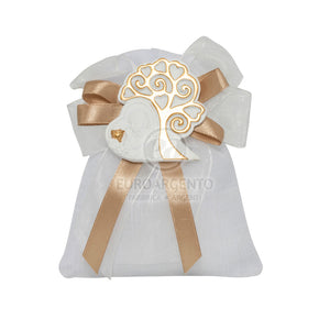 Magnete con albero della vita cuore bimba comunione con sacchettino  (bianco/oro)