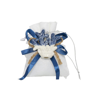 Tema marino - Sacchettino porta confetti con magnete blu tartaruga e corallo (bianco)